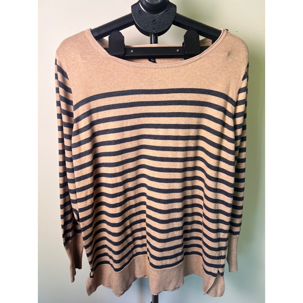 a.n.a Striped Knit Sweater Women XL Tan Black Excellent Button Shoulder Preppy
